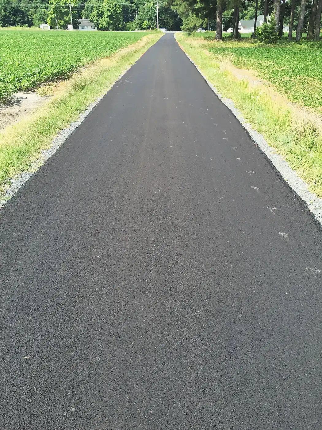 A private asphalt lane between two crop fields